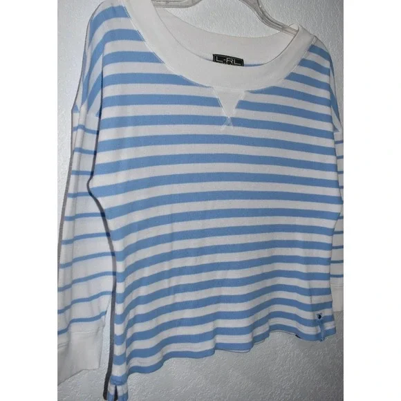 Lauren Ralph Lauren XL Nautical Stripe Top Drop Shoulder Lt Blue White Coastal - Picture 2 of 16